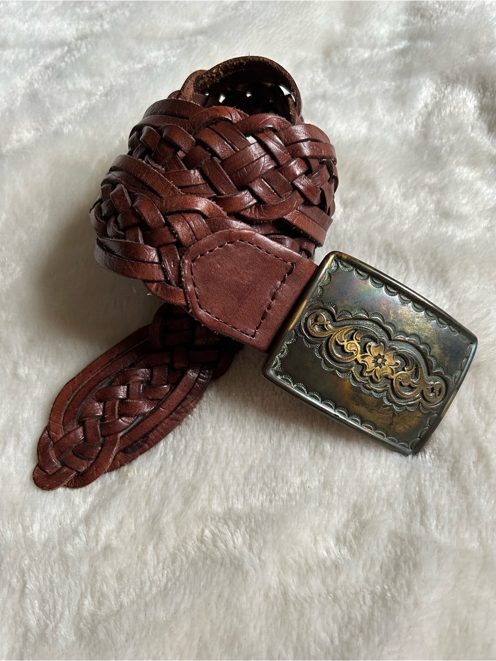 Vintage 90s braided genuine leather large buckle belt womens M